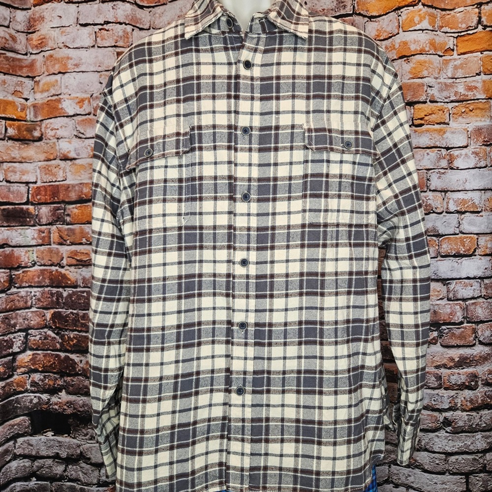 Jachs NY Mens XL Cotton Flannel Button Down Shirt Plaid Long Sleeve Grey Cream